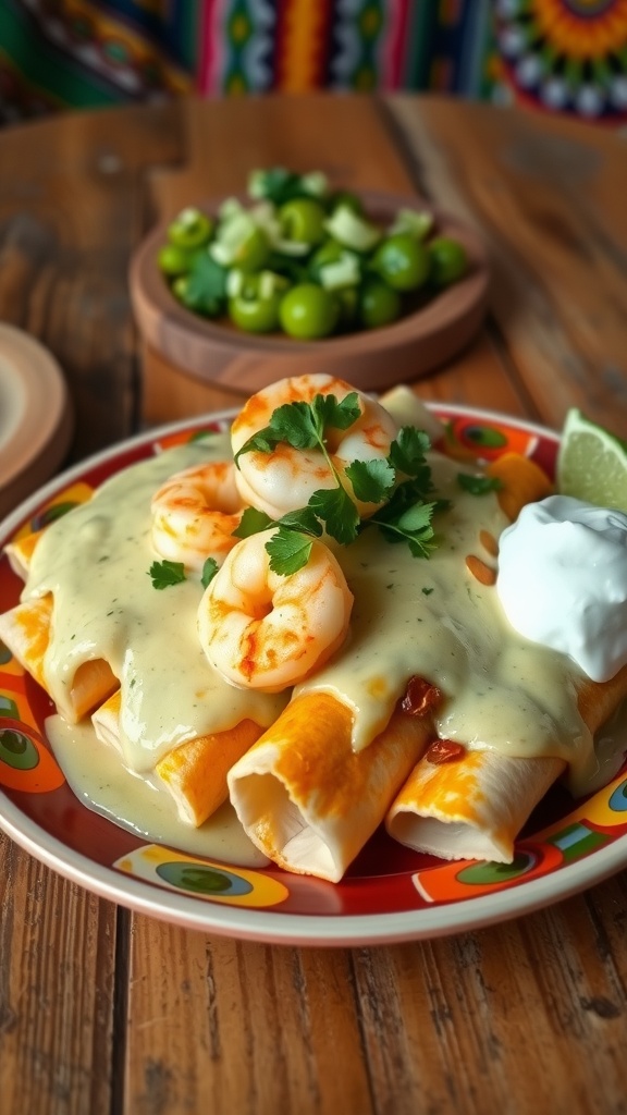 Delicious Shrimp Enchiladas with Creamy Sauce Shrimp enchiladas with creamy green sauce, cheese, and cilantro on a colorful plate with lime and sour cream.